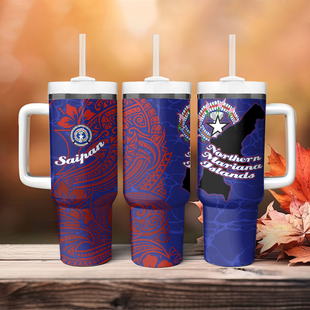 Saipan Northern Mariana Islands Tumbler With Handle Polynesian Tribal Tattoo Art With Hibiscus Flowers And Seal TS04 - Polynesian Pride
