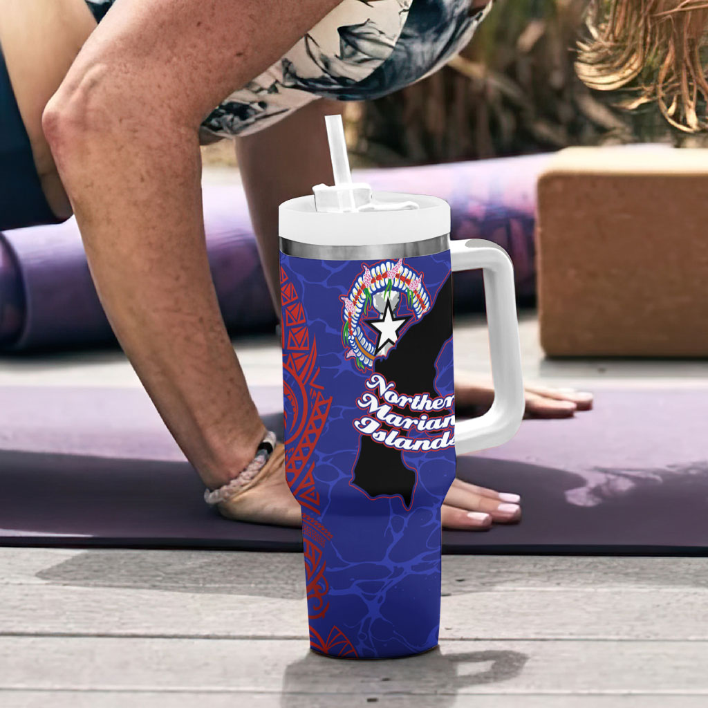 Saipan Northern Mariana Islands Tumbler With Handle Polynesian Tribal Tattoo Art With Hibiscus Flowers And Seal TS04 - Polynesian Pride