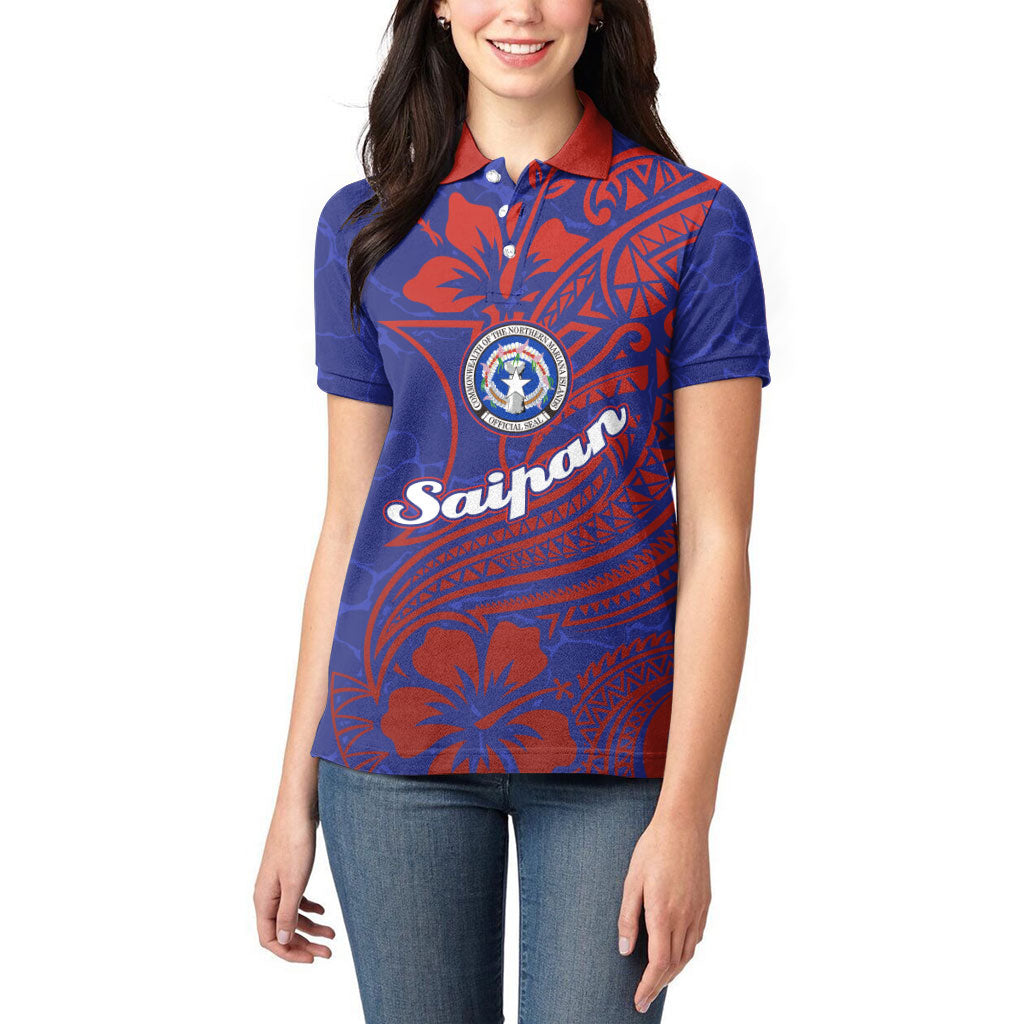 Saipan Northern Mariana Islands Women Polo Shirt Polynesian Tribal Tattoo Art With Hibiscus Flowers And Seal TS04 - Polynesian Pride