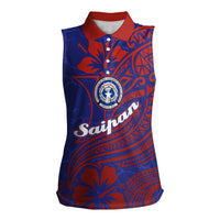 Saipan Northern Mariana Islands Women Sleeveless Polo Shirt Polynesian Tribal Tattoo Art With Hibiscus Flowers And Seal TS04 Female Blue Red - Polynesian Pride