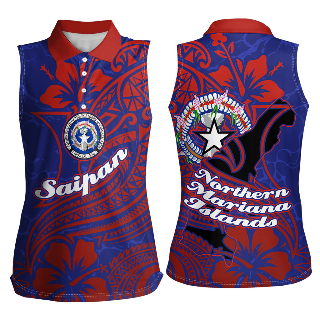 Saipan Northern Mariana Islands Women Sleeveless Polo Shirt Polynesian Tribal Tattoo Art With Hibiscus Flowers And Seal TS04 - Polynesian Pride