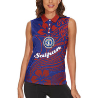 Saipan Northern Mariana Islands Women Sleeveless Polo Shirt Polynesian Tribal Tattoo Art With Hibiscus Flowers And Seal TS04 - Polynesian Pride