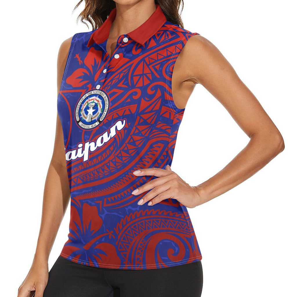 Saipan Northern Mariana Islands Women Sleeveless Polo Shirt Polynesian Tribal Tattoo Art With Hibiscus Flowers And Seal TS04 - Polynesian Pride
