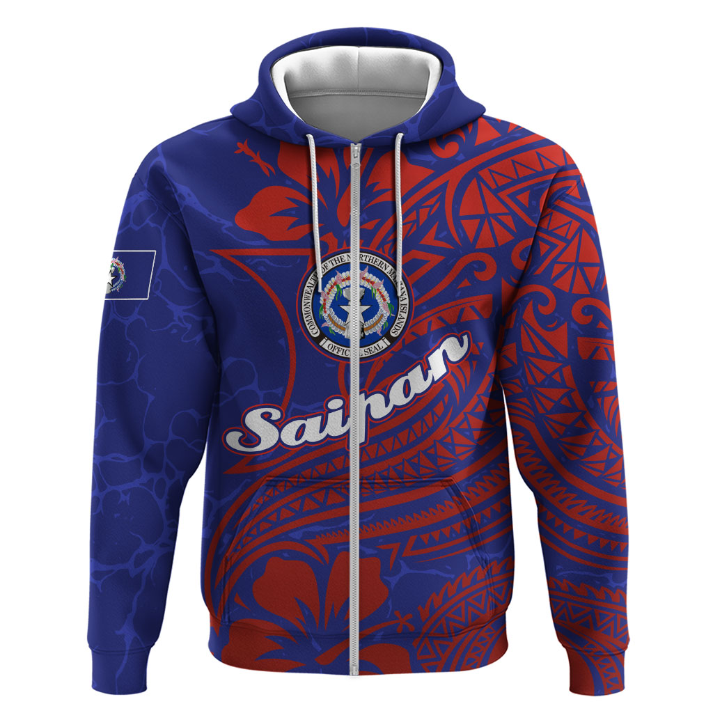 Saipan Northern Mariana Islands Zip Hoodie Polynesian Tribal Tattoo Art With Hibiscus Flowers And Seal
