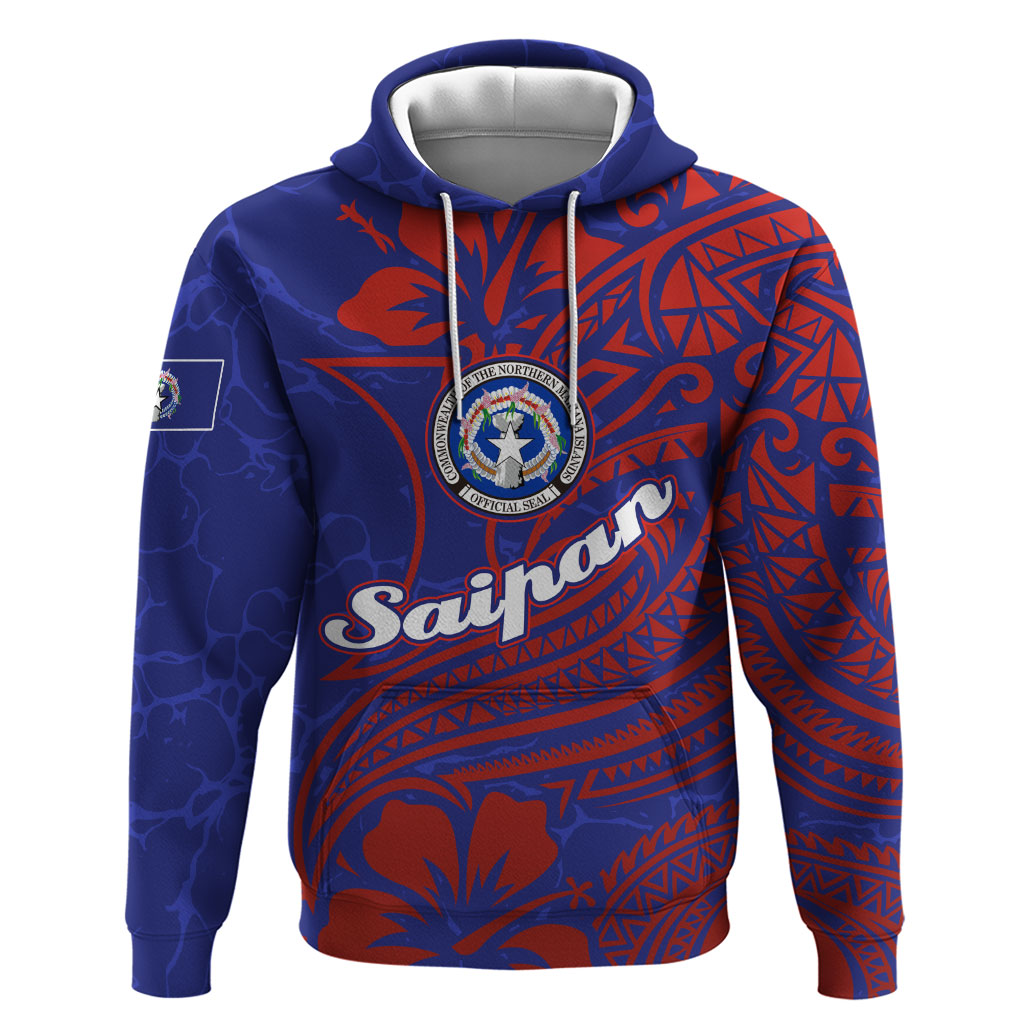 Saipan Northern Mariana Islands Zip Hoodie Polynesian Tribal Tattoo Art With Hibiscus Flowers And Seal TS04 Pullover Hoodie Blue Red - Polynesian Pride