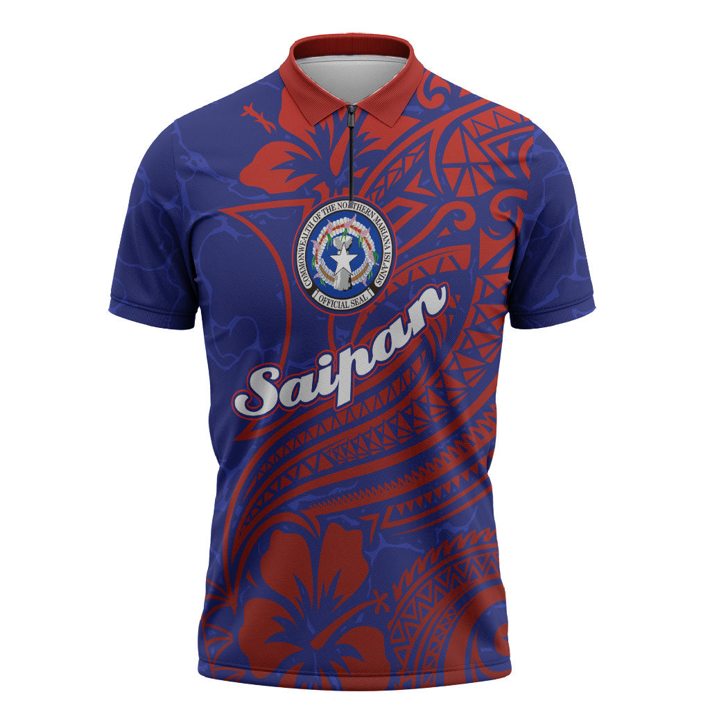 Saipan Northern Mariana Islands Zipper Polo Shirt Polynesian Tribal Tattoo Art With Hibiscus Flowers And Seal TS04 Blue Red - Polynesian Pride