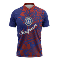 Saipan Northern Mariana Islands Zipper Polo Shirt Polynesian Tribal Tattoo Art With Hibiscus Flowers And Seal TS04 Blue Red - Polynesian Pride