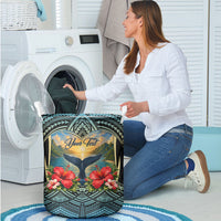 Personalized Masefau American Samoa Whale Laundry Basket Polynesian Tribal Pattern Tropical Hibiscus