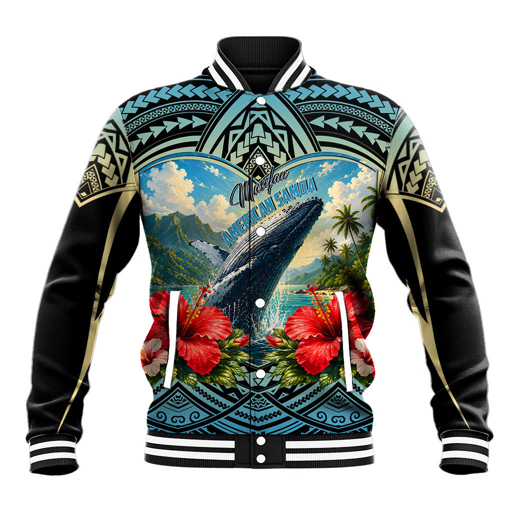 Personalized Masefau American Samoa Whale Baseball Jacket Polynesian Tribal Pattern Tropical Hibiscus