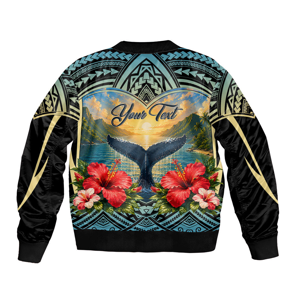 Personalized Masefau American Samoa Whale Bomber Jacket Polynesian Tribal Pattern Tropical Hibiscus