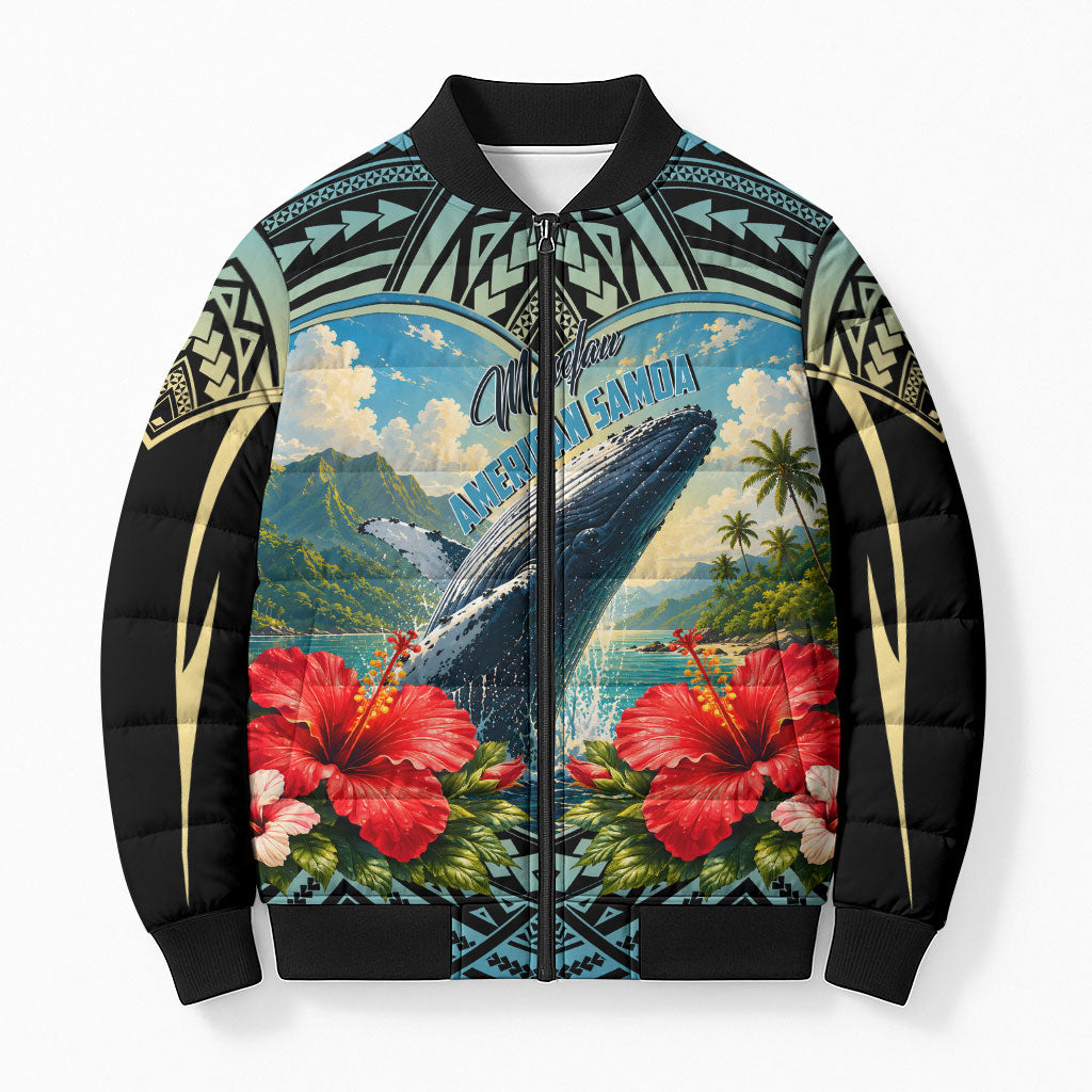 Personalized Masefau American Samoa Whale Bomber Puffer Jacket Polynesian Tribal Pattern Tropical Hibiscus