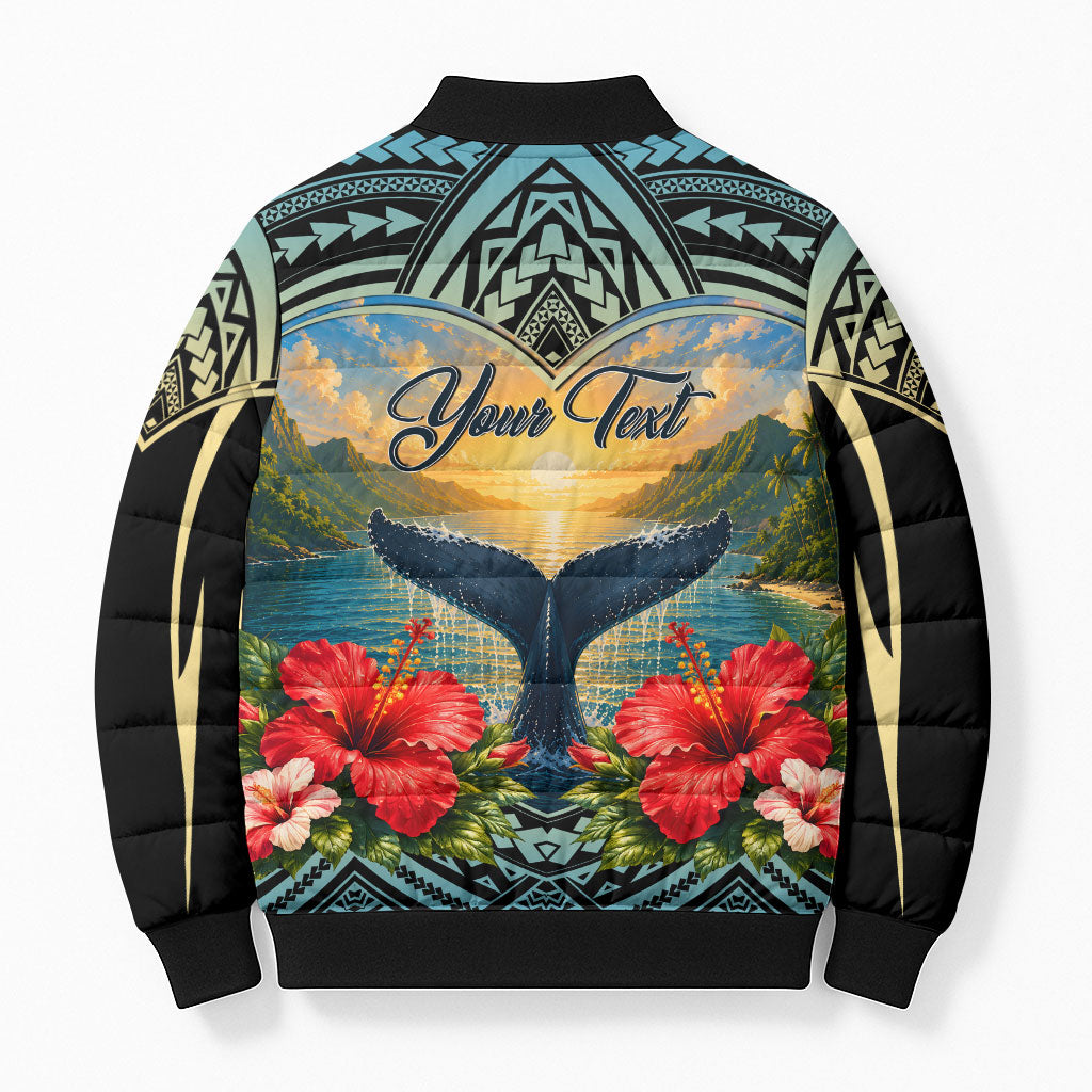 Personalized Masefau American Samoa Whale Bomber Puffer Jacket Polynesian Tribal Pattern Tropical Hibiscus