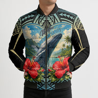 Personalized Masefau American Samoa Whale Bomber Puffer Jacket Polynesian Tribal Pattern Tropical Hibiscus