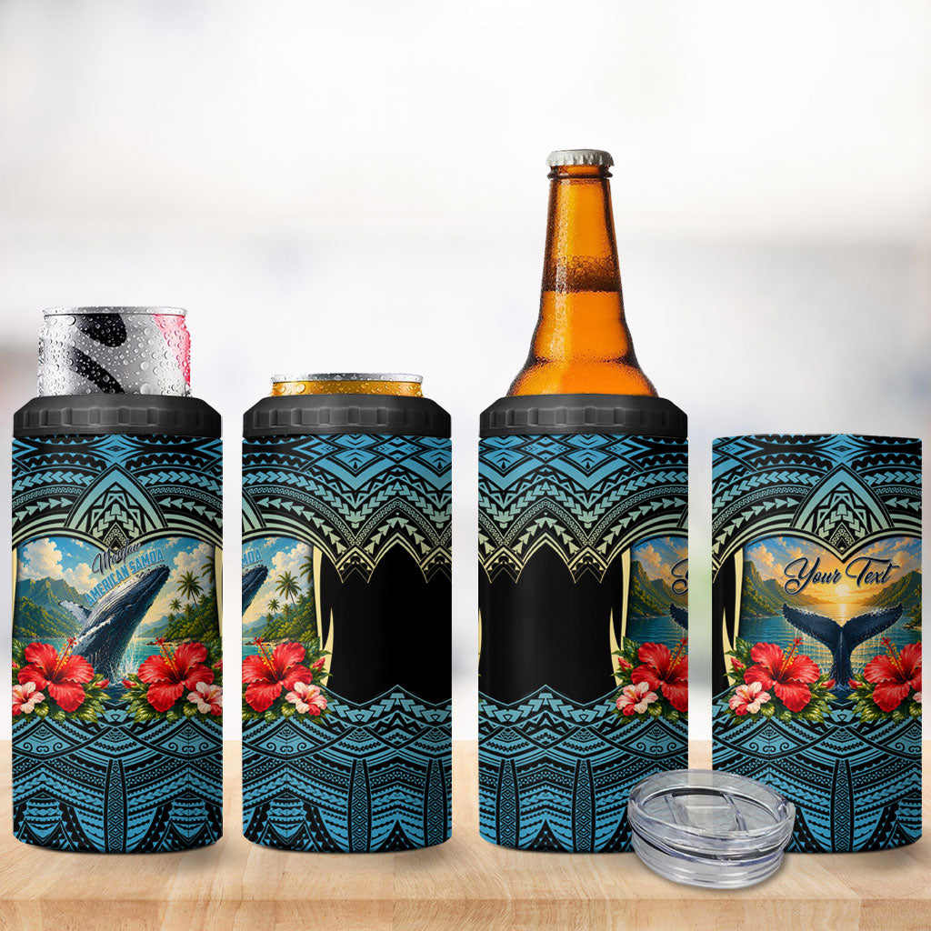 Personalized Masefau American Samoa Whale 4 in 1 Can Cooler Tumbler Polynesian Tribal Pattern Tropical Hibiscus