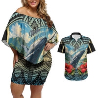 Personalized Masefau American Samoa Whale Couples Matching Off Shoulder Short Dress and Hawaiian Shirt Polynesian Tribal Pattern Tropical Hibiscus