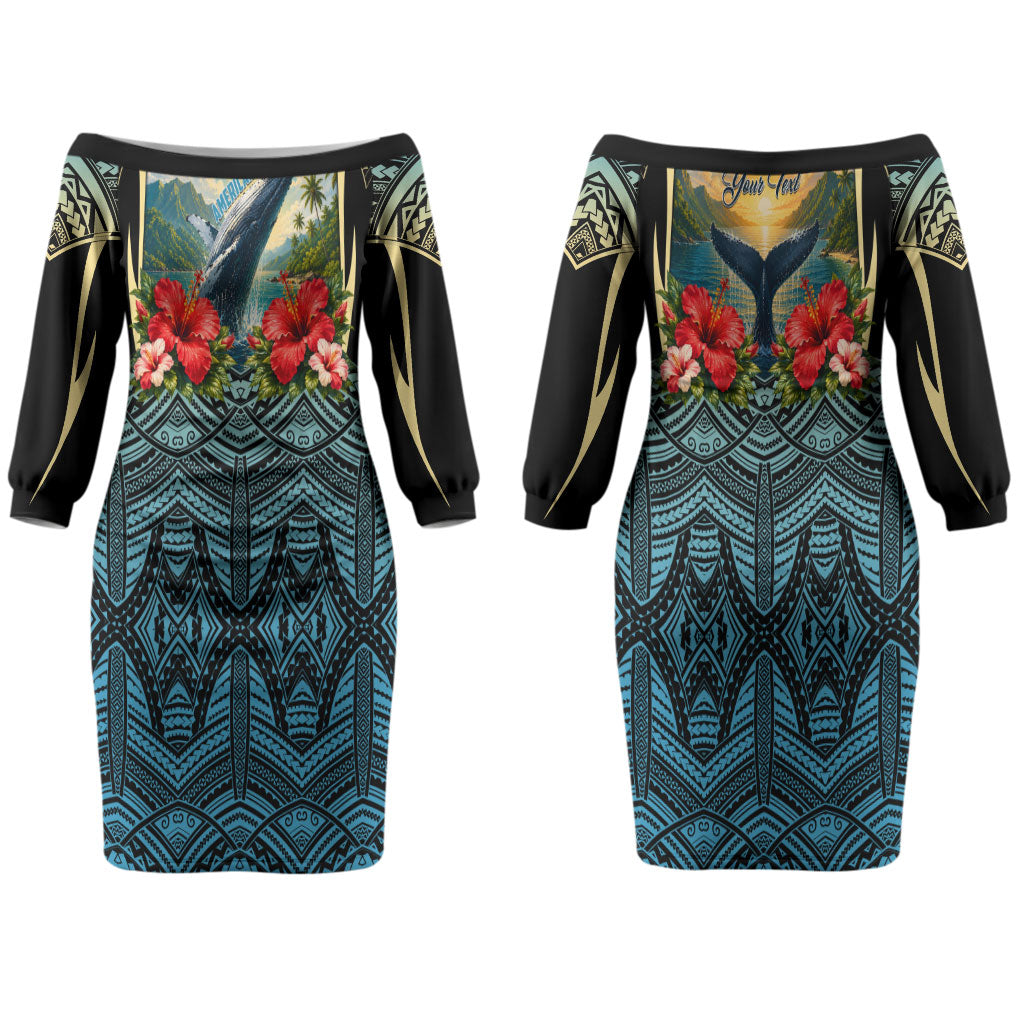 Personalized Masefau American Samoa Whale Couples Matching Off The Shoulder Long Sleeve Dress and Hawaiian Shirt Polynesian Tribal Pattern Tropical Hibiscus