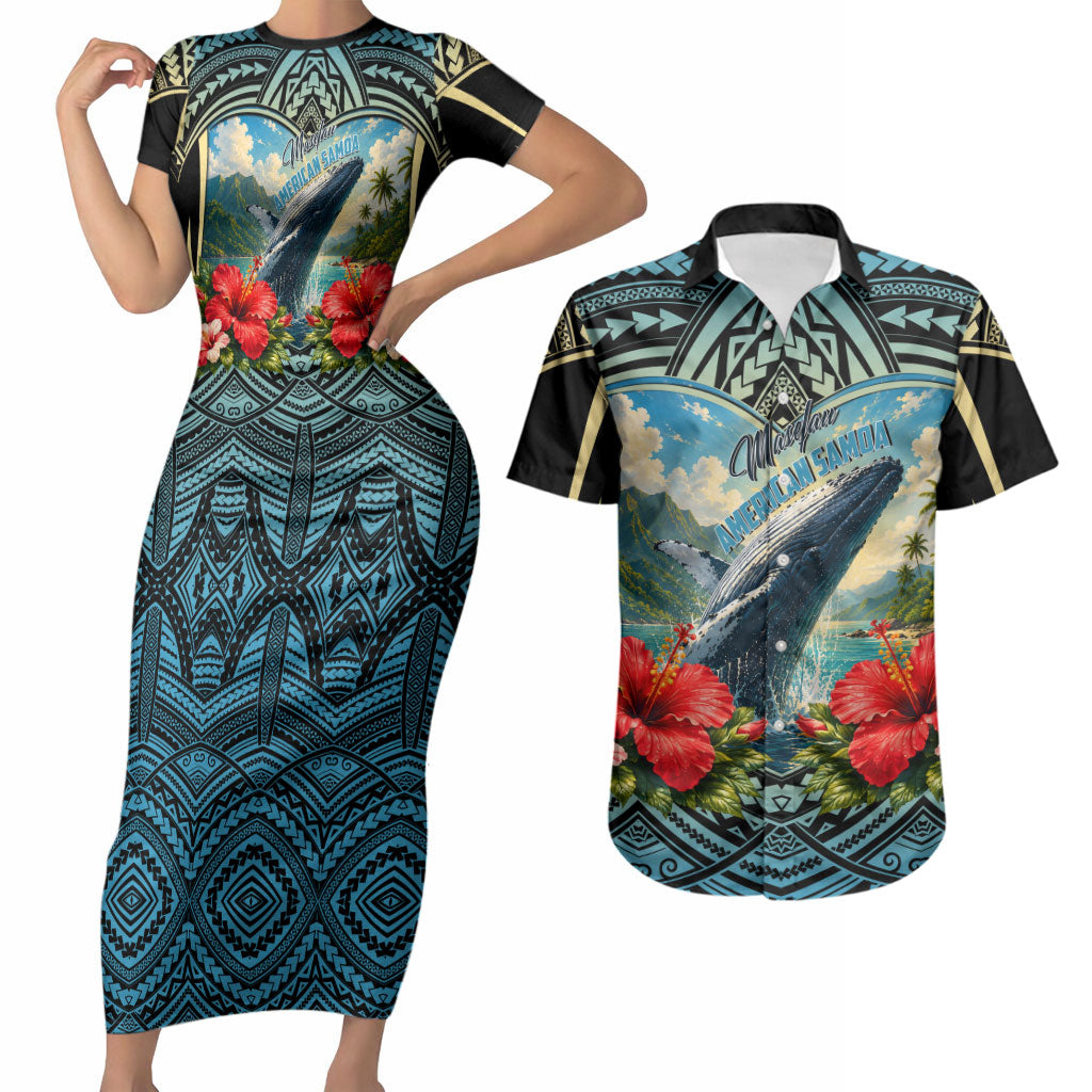 Personalized Masefau American Samoa Whale Couples Matching Short Sleeve Bodycon Dress and Hawaiian Shirt Polynesian Tribal Pattern Tropical Hibiscus
