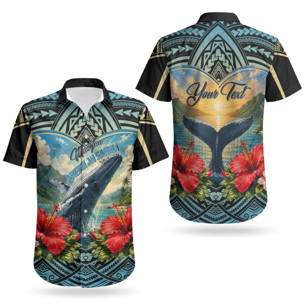 Personalized Masefau American Samoa Whale Couples Matching Short Sleeve Bodycon Dress and Hawaiian Shirt Polynesian Tribal Pattern Tropical Hibiscus