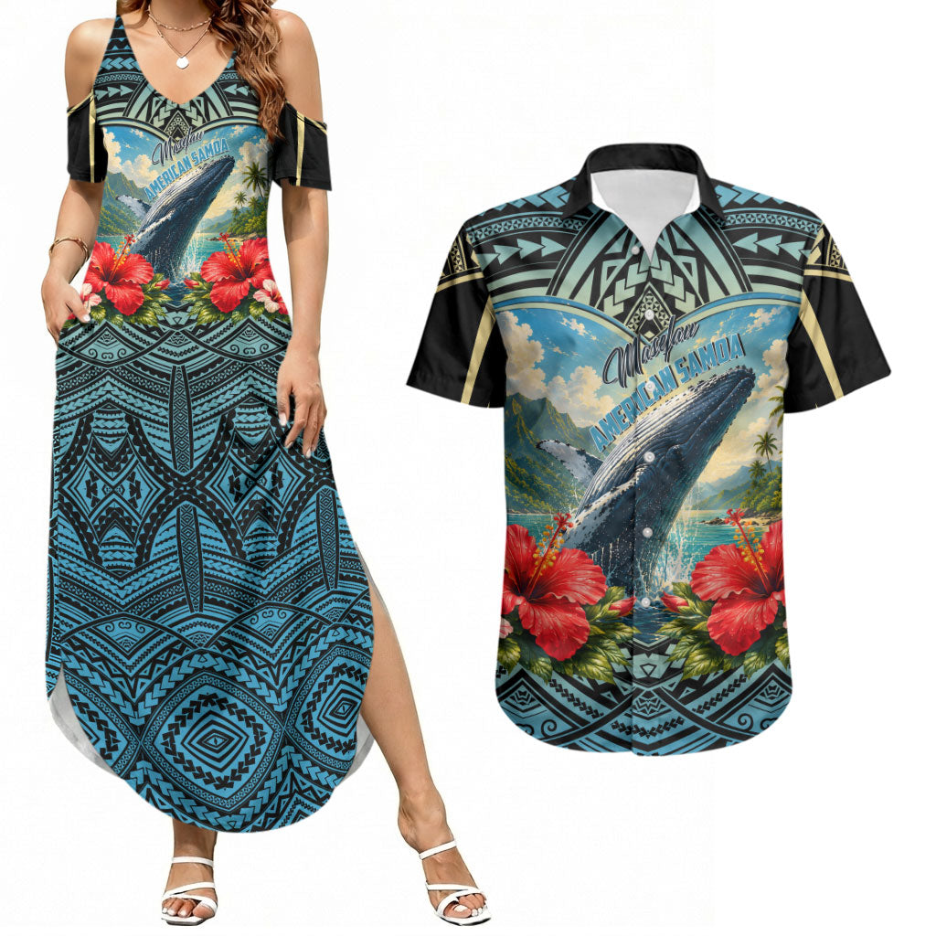 Personalized Masefau American Samoa Whale Couples Matching Summer Maxi Dress and Hawaiian Shirt Polynesian Tribal Pattern Tropical Hibiscus