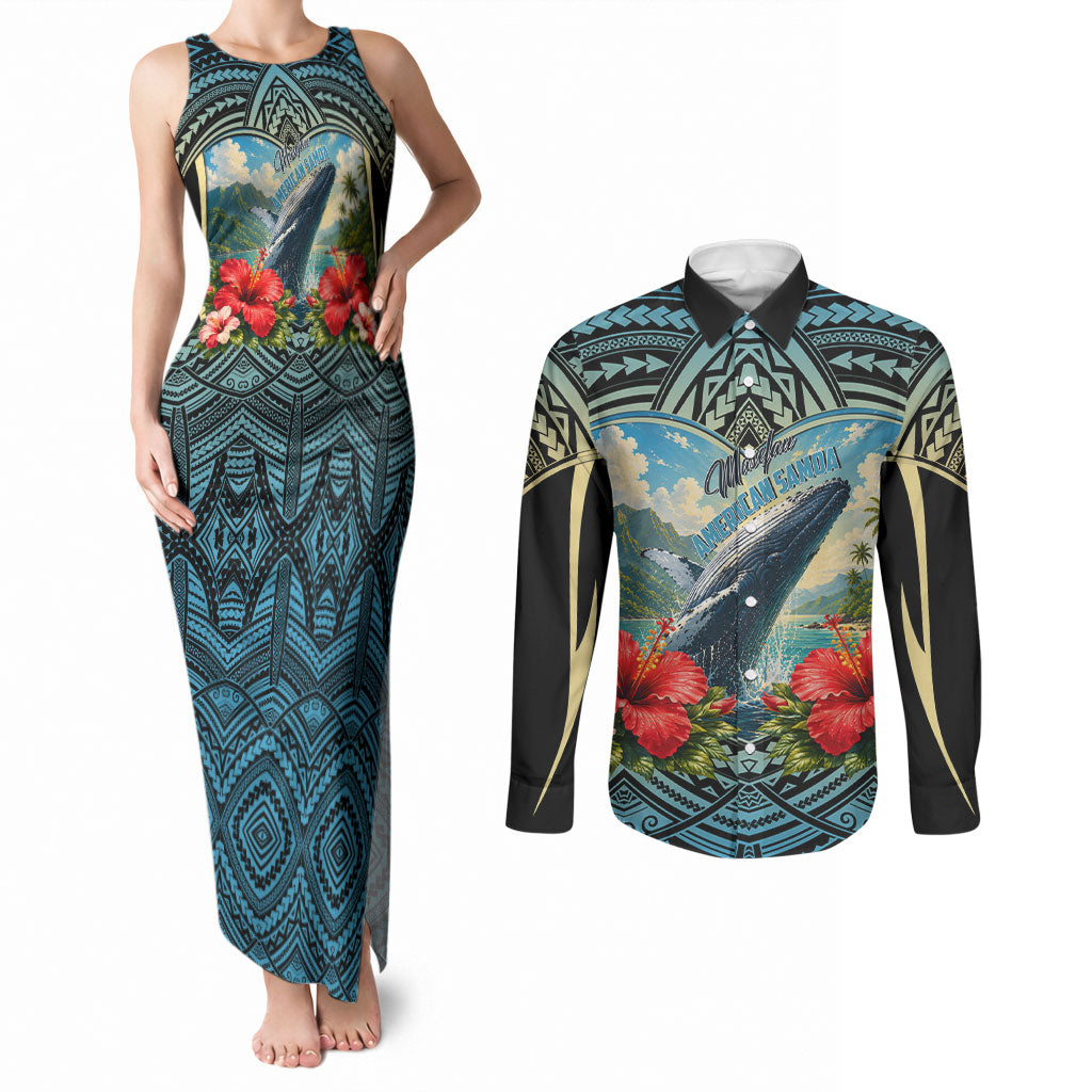 Personalized Masefau American Samoa Whale Couples Matching Tank Maxi Dress and Long Sleeve Button Shirt Polynesian Tribal Pattern Tropical Hibiscus TS04 Black Blue - Polynesian Pride