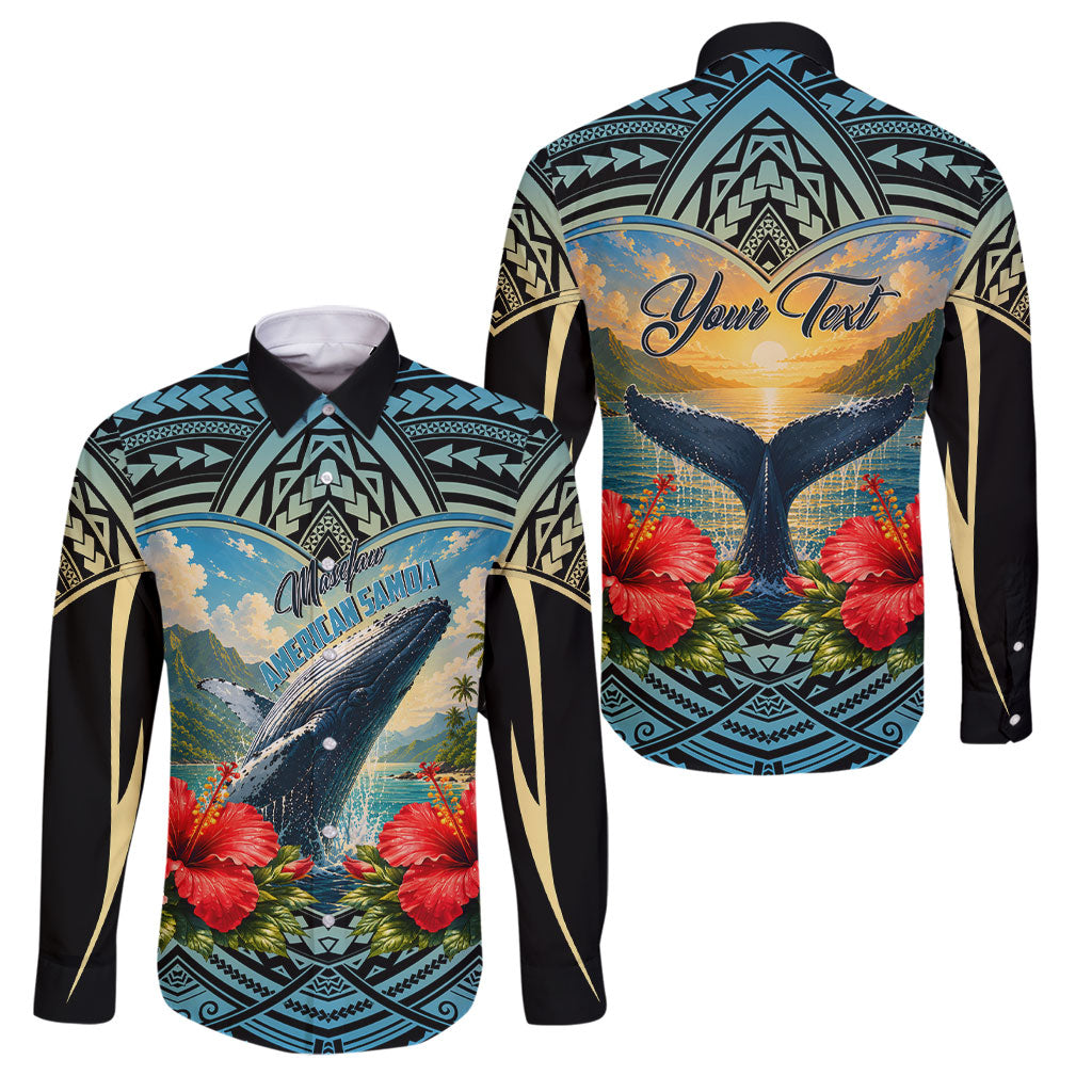 Personalized Masefau American Samoa Whale Family Matching Off The Shoulder Long Sleeve Dress and Hawaiian Shirt Polynesian Tribal Pattern Tropical Hibiscus