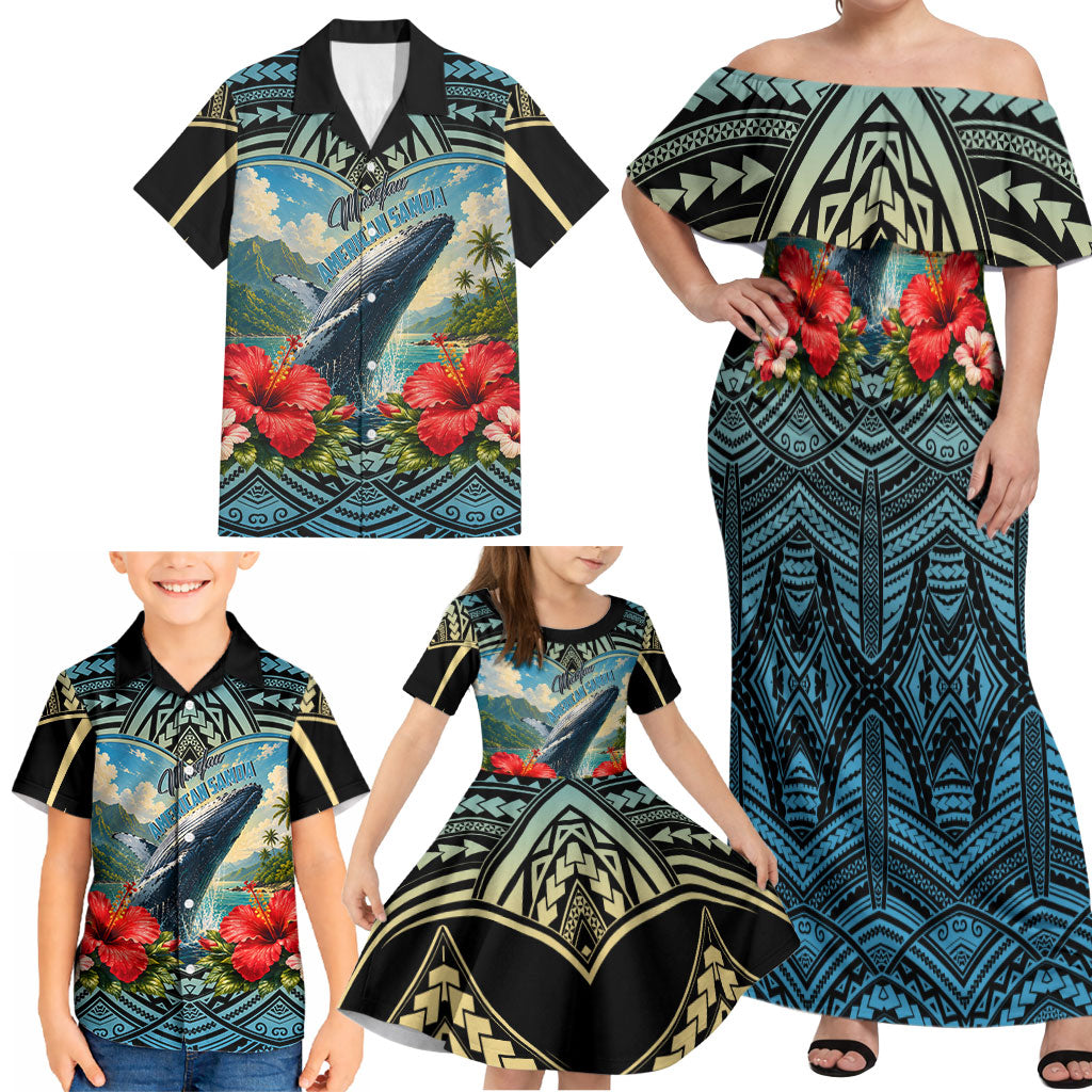 Personalized Masefau American Samoa Whale Family Matching Off Shoulder Maxi Dress and Hawaiian Shirt Polynesian Tribal Pattern Tropical Hibiscus