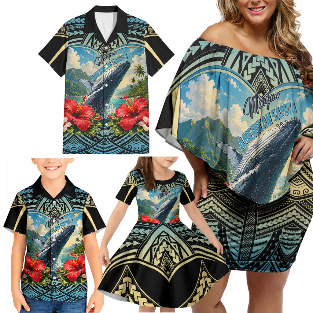 Personalized Masefau American Samoa Whale Family Matching Off Shoulder Short Dress and Hawaiian Shirt Polynesian Tribal Pattern Tropical Hibiscus TS04 - Polynesian Pride