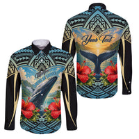 Personalized Masefau American Samoa Whale Family Matching Off Shoulder Short Dress and Hawaiian Shirt Polynesian Tribal Pattern Tropical Hibiscus