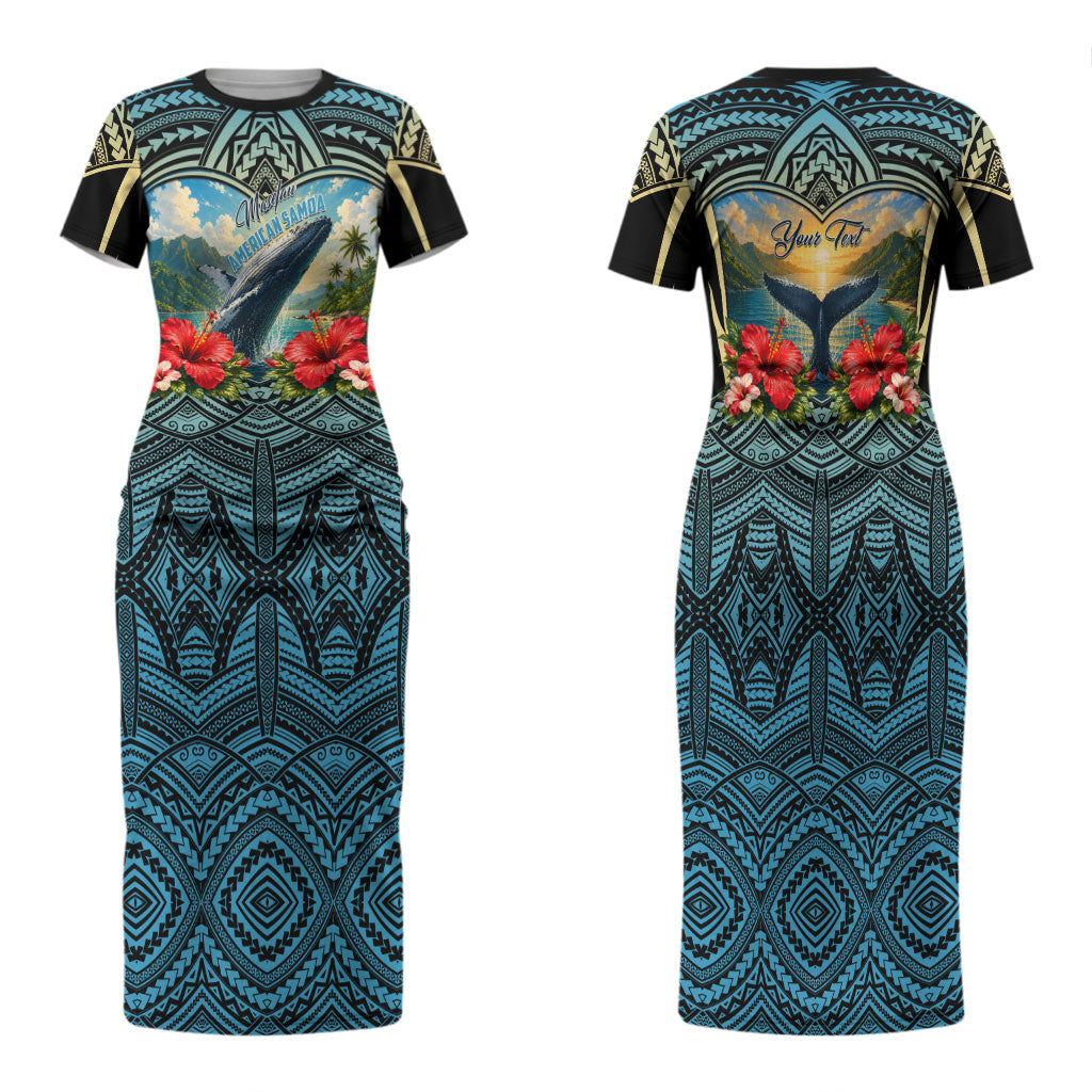 Personalized Masefau American Samoa Whale Family Matching Short Sleeve Bodycon Dress and Hawaiian Shirt Polynesian Tribal Pattern Tropical Hibiscus