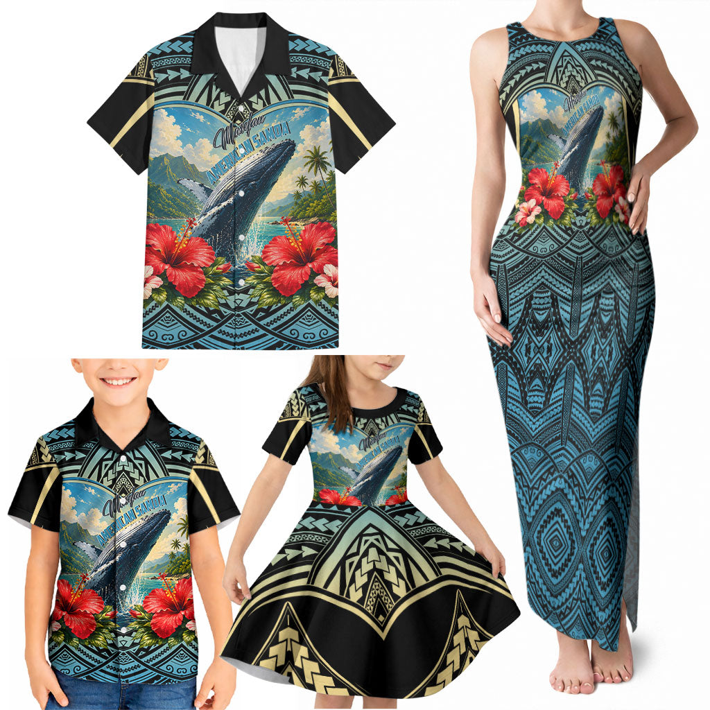 Personalized Masefau American Samoa Whale Family Matching Tank Maxi Dress and Hawaiian Shirt Polynesian Tribal Pattern Tropical Hibiscus