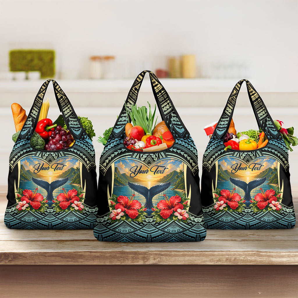 Personalized Masefau American Samoa Whale Grocery Bag Polynesian Tribal Pattern Tropical Hibiscus