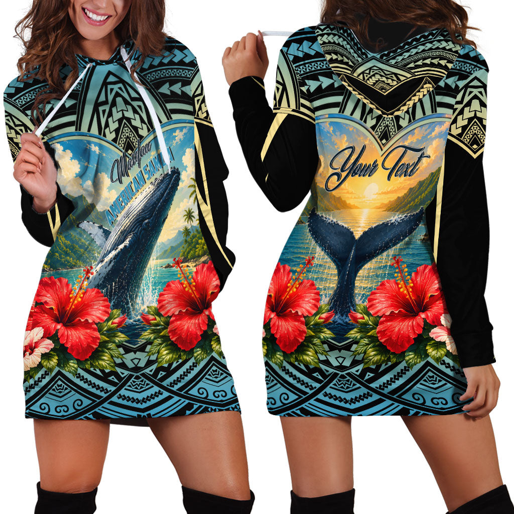 Personalized Masefau American Samoa Whale Hoodie Dress Polynesian Tribal Pattern Tropical Hibiscus