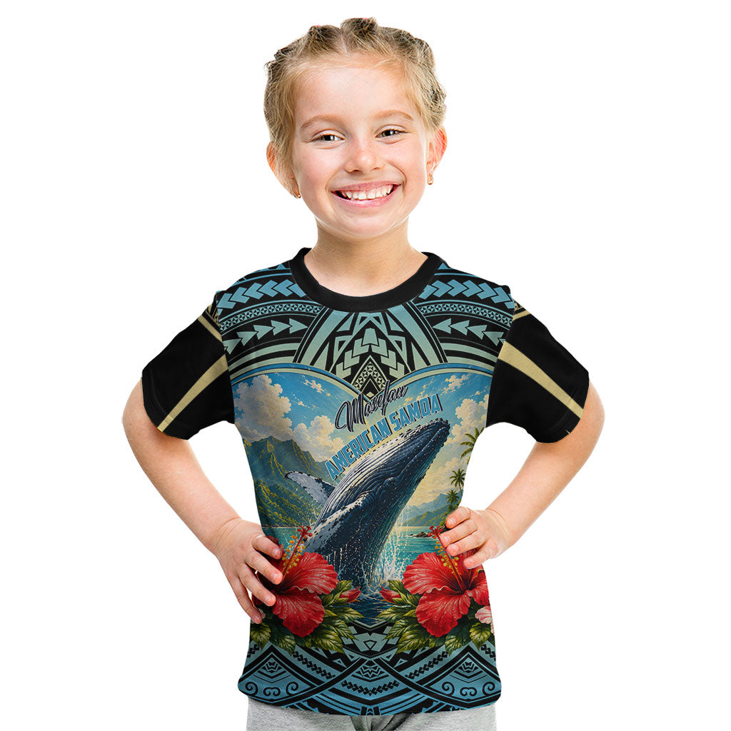 Personalized Masefau American Samoa Whale Kid T Shirt Polynesian Tribal Pattern Tropical Hibiscus
