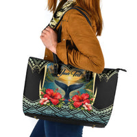 Personalized Masefau American Samoa Whale Leather Tote Bag Polynesian Tribal Pattern Tropical Hibiscus
