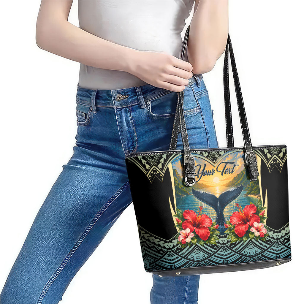 Personalized Masefau American Samoa Whale Leather Tote Bag Polynesian Tribal Pattern Tropical Hibiscus