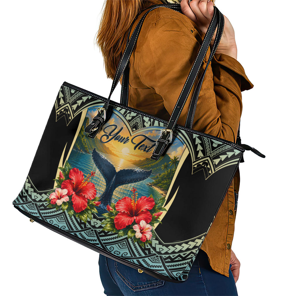 Personalized Masefau American Samoa Whale Leather Tote Bag Polynesian Tribal Pattern Tropical Hibiscus