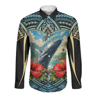 Personalized Masefau American Samoa Whale Long Sleeve Button Shirt Polynesian Tribal Pattern Tropical Hibiscus
