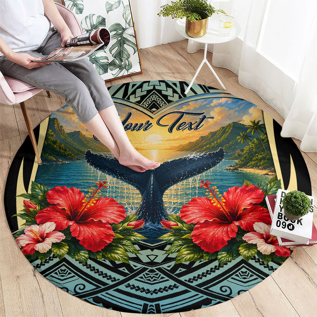 Personalized Masefau American Samoa Whale Round Carpet Polynesian Tribal Pattern Tropical Hibiscus