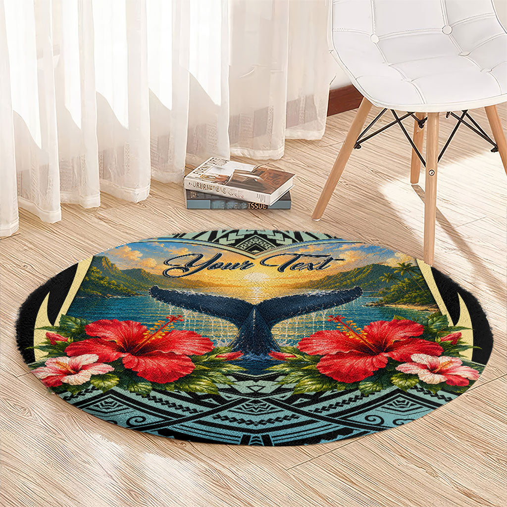 Personalized Masefau American Samoa Whale Round Carpet Polynesian Tribal Pattern Tropical Hibiscus