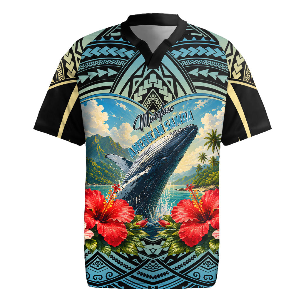 Personalized Masefau American Samoa Whale Rugby Jersey Polynesian Tribal Pattern Tropical Hibiscus