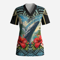 Personalized Masefau American Samoa Whale Scrub Top Polynesian Tribal Pattern Tropical Hibiscus