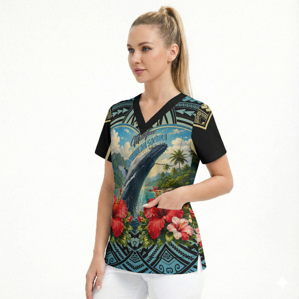 Personalized Masefau American Samoa Whale Scrub Top Polynesian Tribal Pattern Tropical Hibiscus