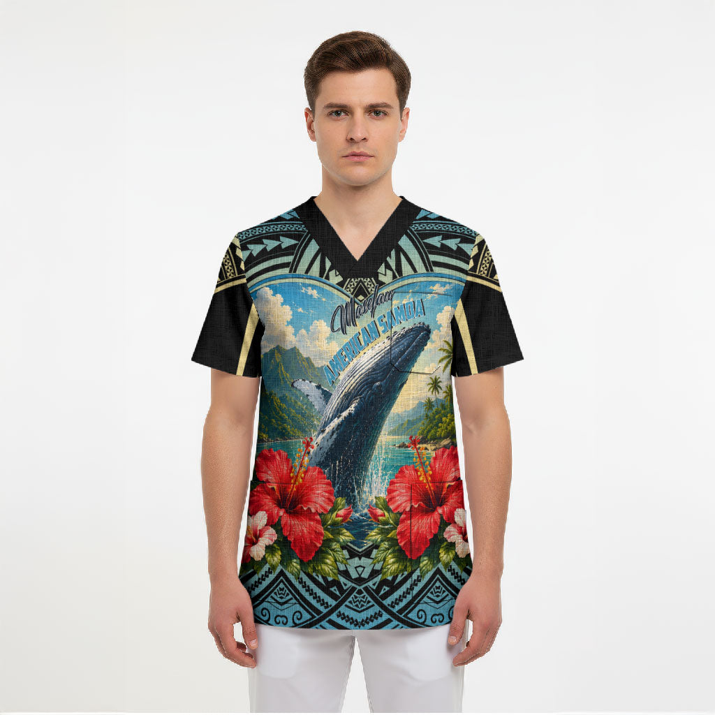 Personalized Masefau American Samoa Whale Scrub Top Polynesian Tribal Pattern Tropical Hibiscus