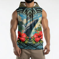 Personalized Masefau American Samoa Whale Sleeveless Hoodie Polynesian Tribal Pattern Tropical Hibiscus