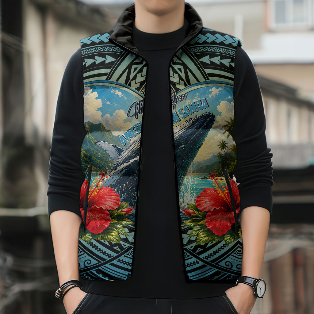 Personalized Masefau American Samoa Whale Sleeveless Puffer Jacket Polynesian Tribal Pattern Tropical Hibiscus