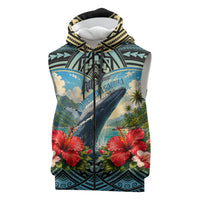 Personalized Masefau American Samoa Whale Sleeveless Zip Hoodie Polynesian Tribal Pattern Tropical Hibiscus