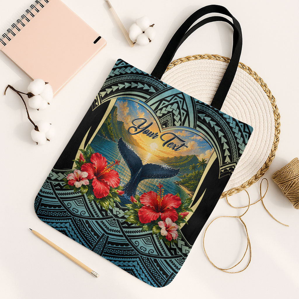 Personalized Masefau American Samoa Whale Tote Bag Polynesian Tribal Pattern Tropical Hibiscus