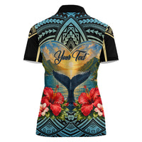 Personalized Masefau American Samoa Whale Women Polo Shirt Polynesian Tribal Pattern Tropical Hibiscus