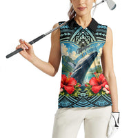 Personalized Masefau American Samoa Whale Women Sleeveless Polo Shirt Polynesian Tribal Pattern Tropical Hibiscus