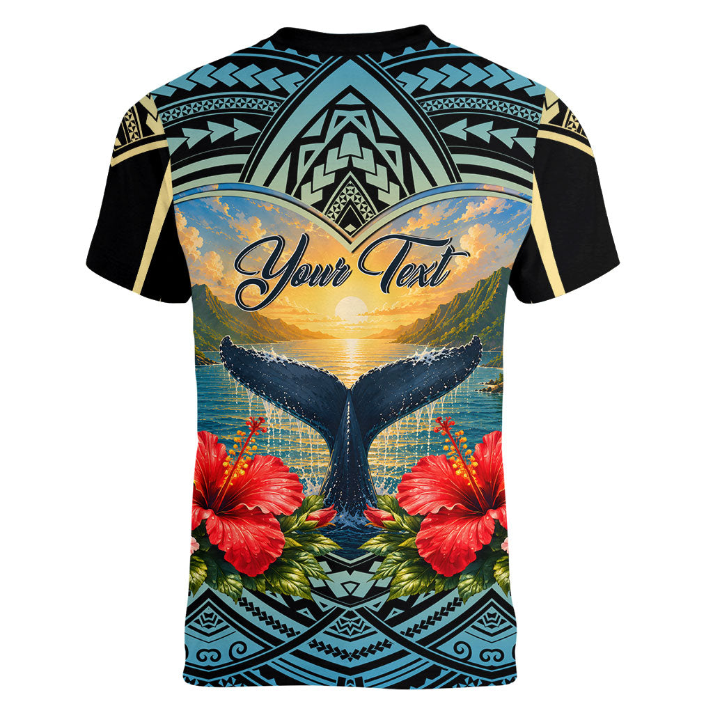 Personalized Masefau American Samoa Whale Women V-Neck T-Shirt Polynesian Tribal Pattern Tropical Hibiscus